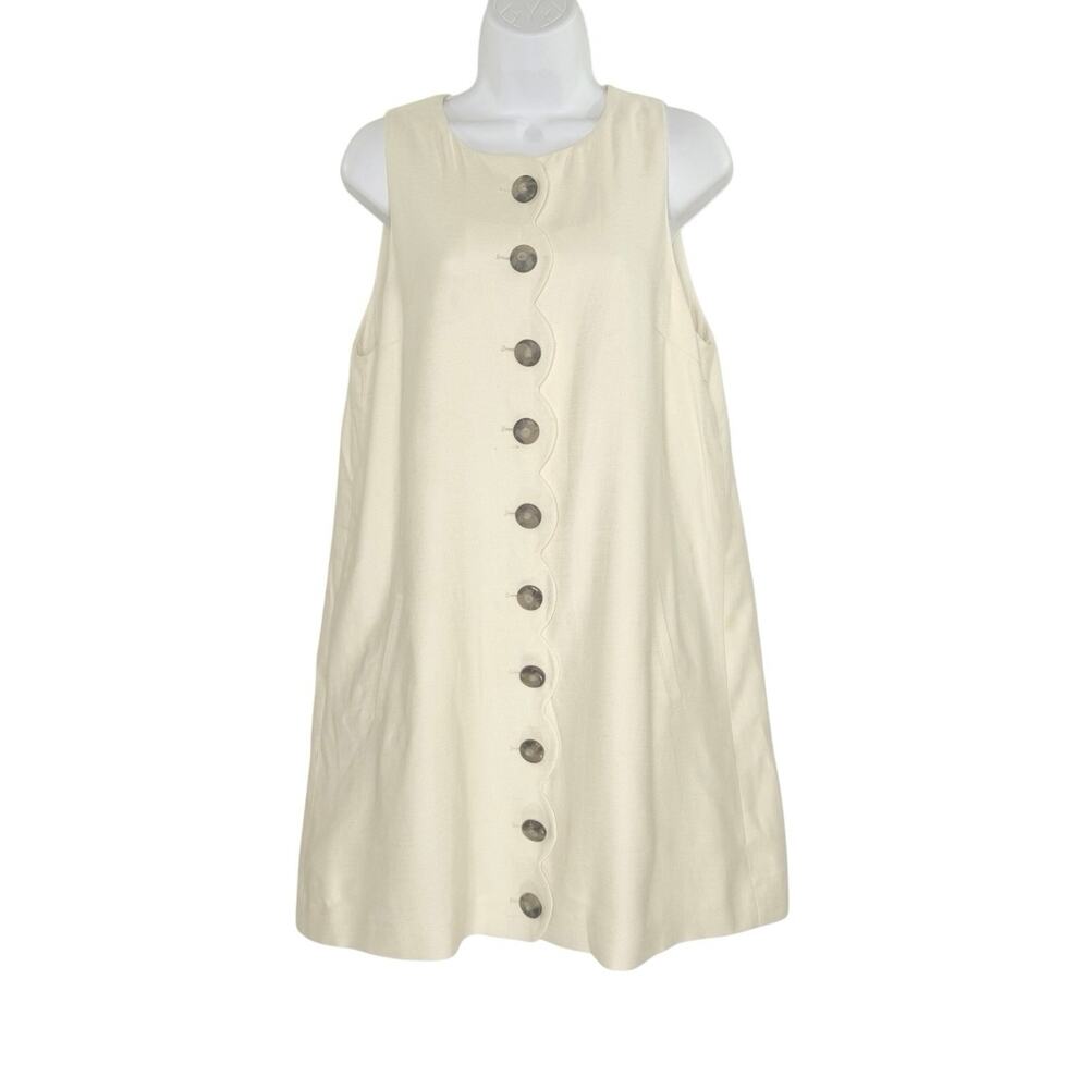 Sezane Mannie Dress Cream Scallop Linen US8 FR40 Mini Dress Quiet Luxury *flaw